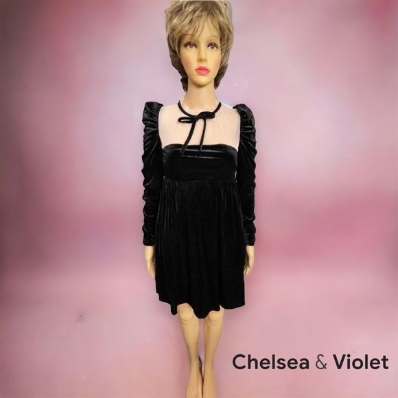 Chelsea & Violet Black Velvet Empire Waist Nude Mesh Hi Neck Ruched Sleeve - Picture 3 of 9